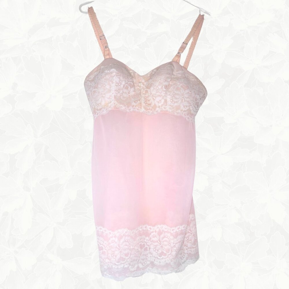 Olga "Young Secret" 1970s Vintage Pink Lace Nylon Slip/Nightgown, Size 36B